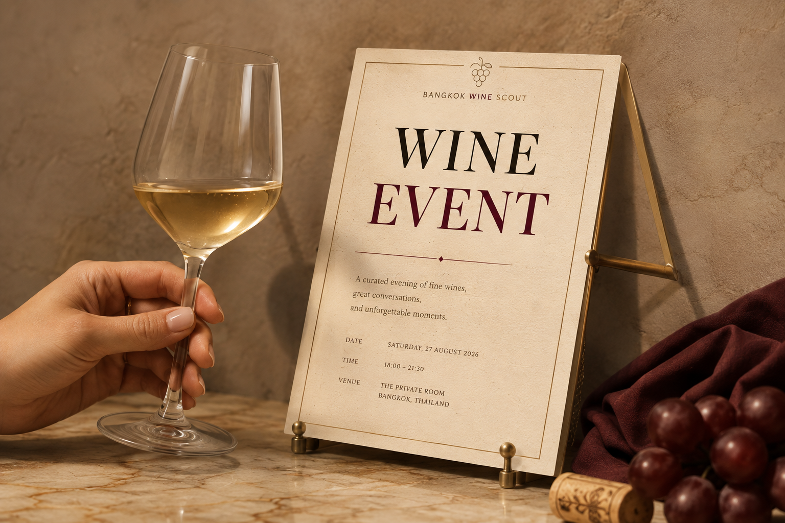 A guest holding a glass of wine beside a Bangkok Wine Scout event sign
